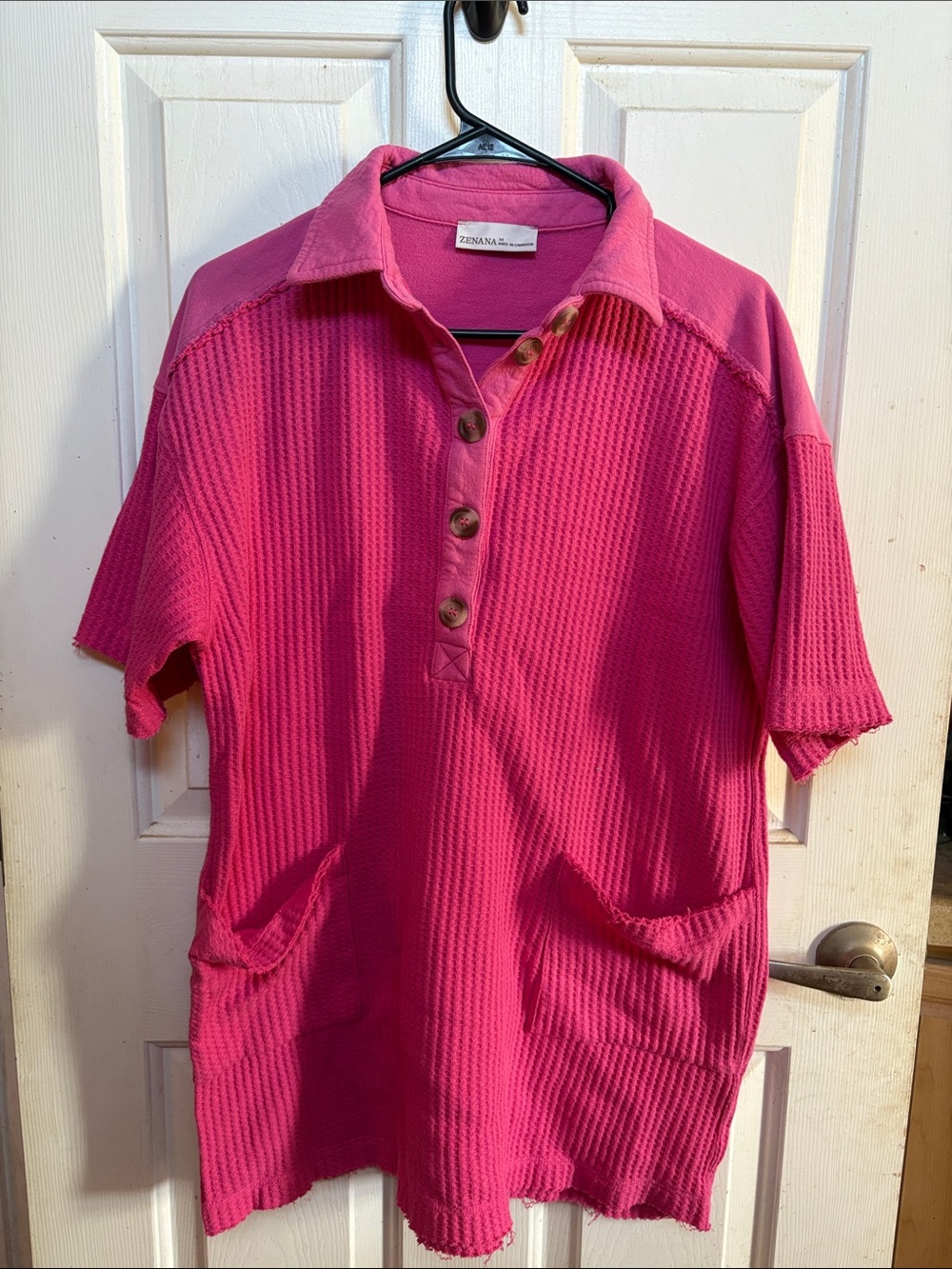 Zienna Hot Pink Waffle-Knit Midi Dress with Button Placket
